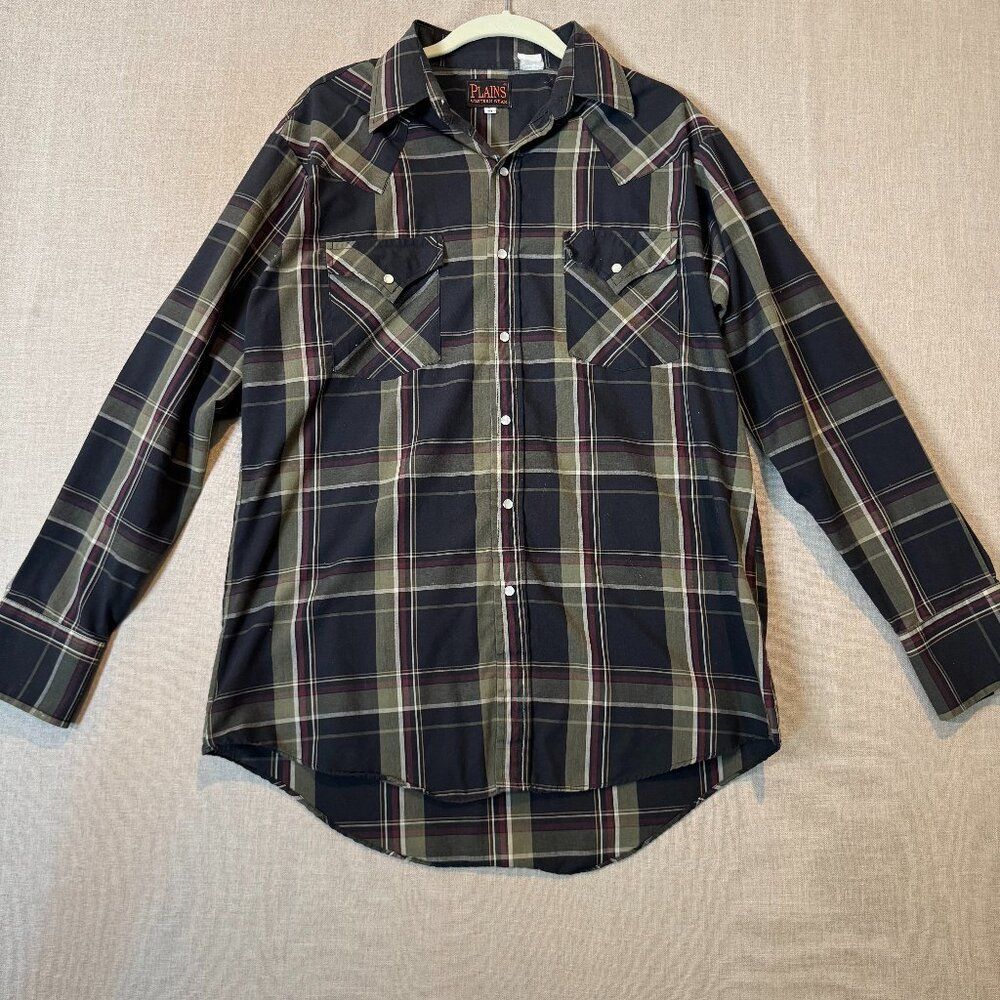 Plains Western Wear Snap Front Plaid Shirt Medium Black Olive Maroon Pearl Snap